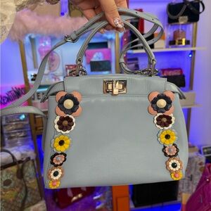 Fendi Flowerland Peekaboo Blue  Bag Embellished Leather Mini $3850retail